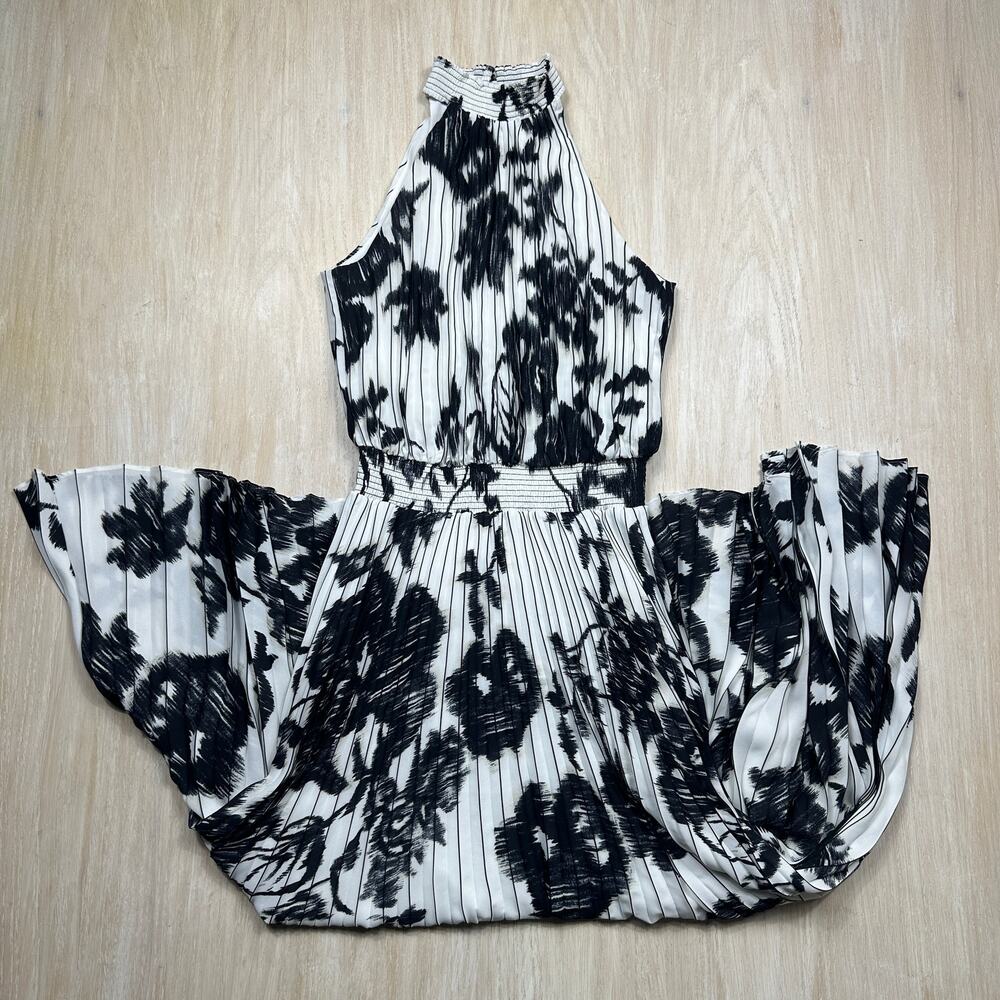 WHBM Black White Floral Pleated Halter Midi Dress Smocked Romantic Wedding 2